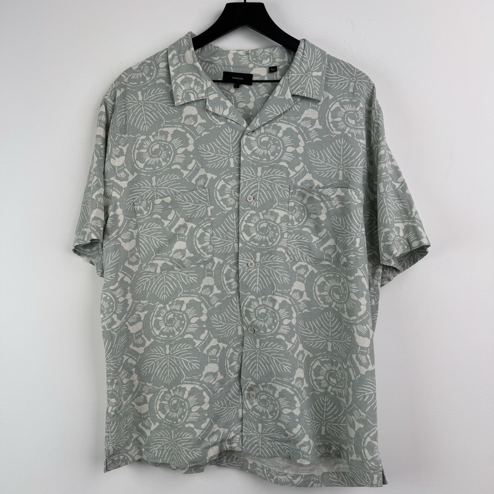 Vince Shirt Mens L Green Linen Blend Abstract Tropical Sea Camp Resort Button Up